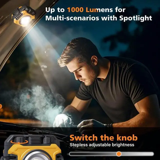 Alt view image 4 of 7 - 2-Pack 2400LM Magnetic Rechargeable Work Light, Dual-Sided LED Work Light, Up to 80 Hours Runtime, Stepless Dimming 2700K-8000K, Magnetic Flashlight with 360° Rotating Stand, Hook, Yellow