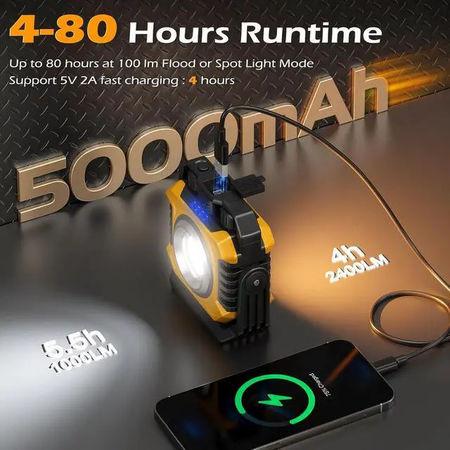 Alt view image 5 of 7 - 2-Pack 2400LM Magnetic Rechargeable Work Light, Dual-Sided LED Work Light, Up to 80 Hours Runtime, Stepless Dimming 2700K-8000K, Magnetic Flashlight with 360° Rotating Stand, Hook, Yellow