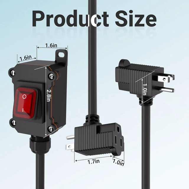 Alt view image 2 of 7 - Inline Power Switch with 15-ft 14AWG Cable Piggyback Plug(3-Pronged),Red LED Rocker Button,IP67 Waterproof Extension Cord with On/Off Switch, AC/DC 20A-125V / 16A-250V15FT/14AWG