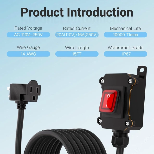 Alt view image 4 of 7 - Inline Power Switch with 15-ft 14AWG Cable Piggyback Plug(3-Pronged),Red LED Rocker Button,IP67 Waterproof Extension Cord with On/Off Switch, AC/DC 20A-125V / 16A-250V15FT/14AWG