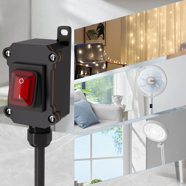 Alt view image 7 of 7 - Inline Power Switch with 15-ft 14AWG Cable Piggyback Plug(3-Pronged),Red LED Rocker Button,IP67 Waterproof Extension Cord with On/Off Switch, AC/DC 20A-125V / 16A-250V15FT/14AWG