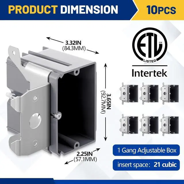 Alt view image 2 of 6 - 10 Pack 1-Gang Adjustable Square Plastic Electrical Outlet Box, Etl Listed, 21 Cubic Inch PVC Single Gang Junction Box for Home Improvement, Construction, Flexible Installation, Gray