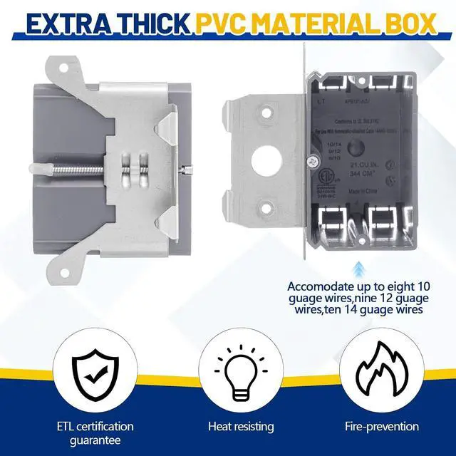 Alt view image 3 of 6 - 10 Pack 1-Gang Adjustable Square Plastic Electrical Outlet Box, Etl Listed, 21 Cubic Inch PVC Single Gang Junction Box for Home Improvement, Construction, Flexible Installation, Gray