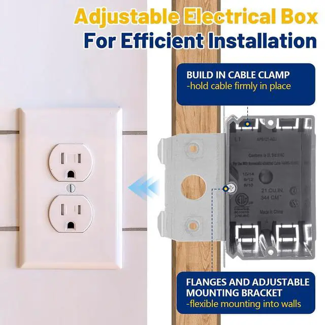 Alt view image 4 of 6 - 10 Pack 1-Gang Adjustable Square Plastic Electrical Outlet Box, Etl Listed, 21 Cubic Inch PVC Single Gang Junction Box for Home Improvement, Construction, Flexible Installation, Gray
