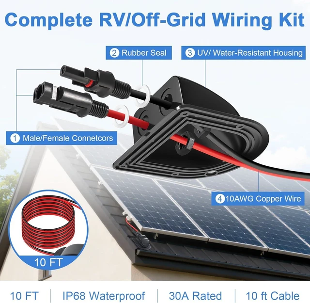 Alt view image 3 of 7 - Solar Cable Entry Gland with10AWG Solar Extension Cable Compatible with MC4, Weatherproof Roof Cable Entry Housing for RV Camper Van Boat Shed Garage (10 FT)