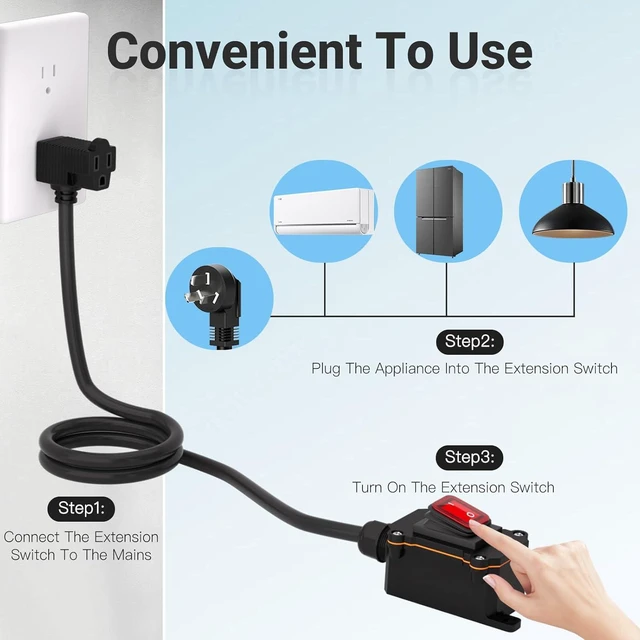 Alt view image 5 of 7 - Inline Power Switch with 15-ft 14AWG Cable Piggyback Plug(3-Pronged),Red LED Rocker Button,IP67 Waterproof Extension Cord with On/Off Switch, AC/DC 20A-125V / 16A-250V15FT/14AWG