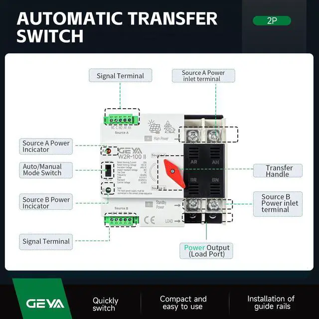 Alt view image 2 of 6 - Mini ATS Automatic Transfer Switch Controller Electrical Type ATS Max 100A 2POLE 110V Din Rail Mounted(2P 100A AC110V)