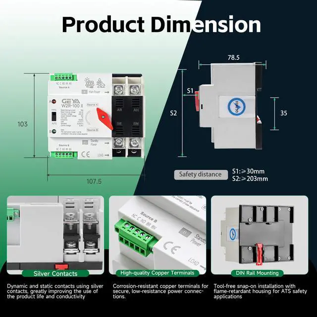 Alt view image 3 of 6 - Mini ATS Automatic Transfer Switch Controller Electrical Type ATS Max 100A 2POLE 110V Din Rail Mounted(2P 100A AC110V)