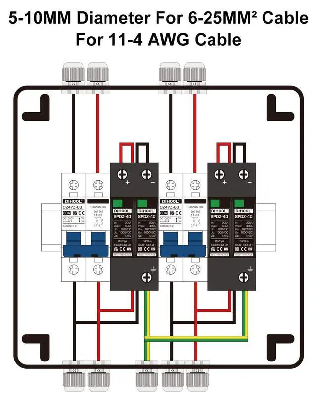 Alt view image 6 of 7 - DC Disconnect Switch Box with PV Surge Protector, Solar Circuit Breaker, 40 Amp DC1000V 2 String 2 in 2 Out