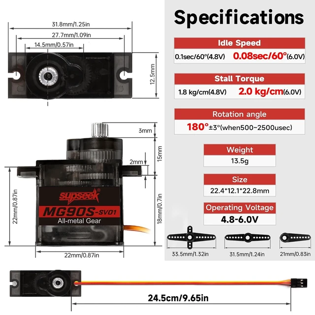 Alt view image 6 of 7 - MG90S 9g Micro Servo Motor Kit, 2.0 kg-cm Metal Gear High Torque, 0.08 sec/60° 180° Rotation for RC Plane, Arduino & Robotics (12pcs)