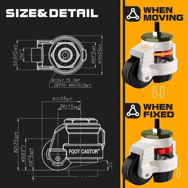 Alt view image 2 of 7 - Leveling Machine Casters with Nylon Wheel and Rubber Foot,Retractable Workbench Caster,Loading Capacity 2200 Lbs-4PCS(2 INCH)