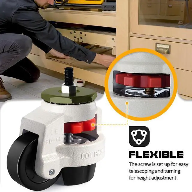 Alt view image 3 of 7 - Leveling Machine Casters with Nylon Wheel and Rubber Foot,Retractable Workbench Caster,Loading Capacity 2200 Lbs-4PCS(2 INCH)