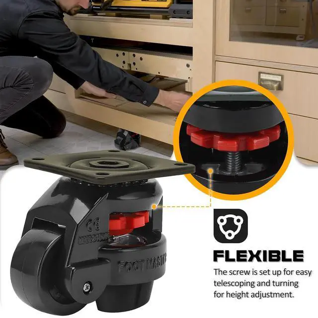Alt view image 3 of 7 - Heavy Duty Leveling Casters,Leveling Machine Casters with Rubber Pad,FM-100F Plate Mounted Retractable Workbench Caster,Leveling Feet Wheels,Loading Capacity 6600 lbs, Pack of 4(Blck-3 INCH)