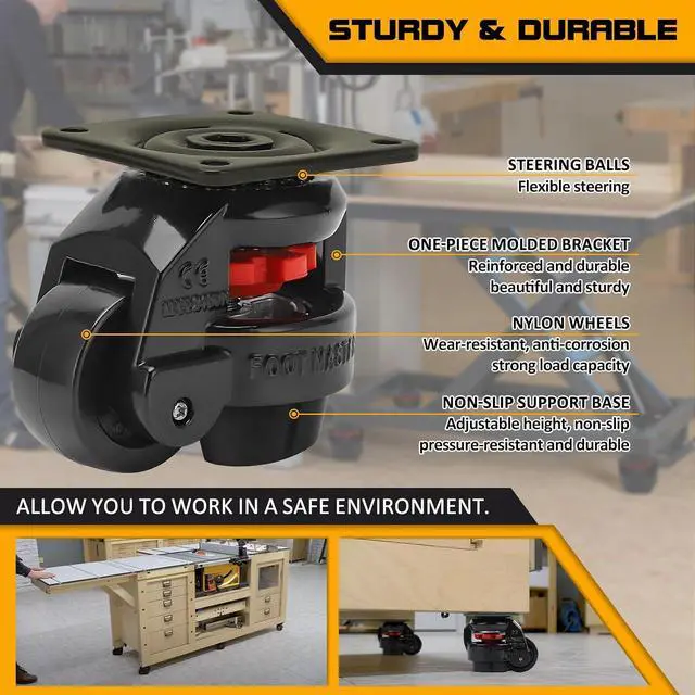 Alt view image 5 of 7 - Heavy Duty Leveling Casters,Leveling Machine Casters with Rubber Pad,FM-100F Plate Mounted Retractable Workbench Caster,Leveling Feet Wheels,Loading Capacity 6600 lbs, Pack of 4(Blck-3 INCH)