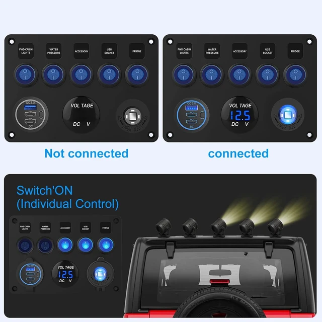 Alt view image 2 of 7 - 12V/24V 5-Gang ON/OFF Rocker Switch, Pre-Wired Waterproof Aluminum Panel with 78W Triple USB Ports, LED Voltmeter & Cigarette Lighter Socket for Car, Boat, Truck, RV, UTV, 15A Fuses
