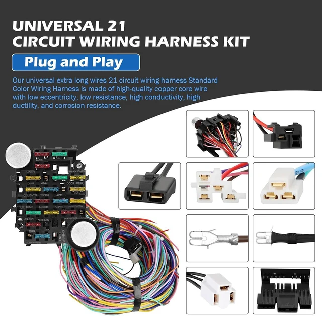 Alt view image 3 of 7 - Universal Wiring Harness Kit - 21 circuit wiring harness Standard Color Wire Harness Kit Replacment for Chevy Mopar Hotrods Ratrods Ford Chrysler Universal Automotive Wiring