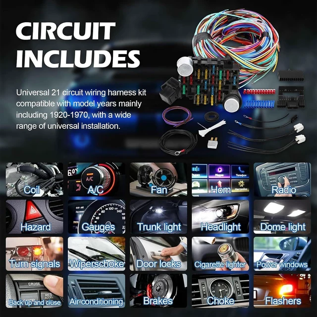 Alt view image 2 of 7 - Universal Wiring Harness Kit - 21 circuit wiring harness Standard Color Wire Harness Kit Replacment for Chevy Mopar Hotrods Ratrods Ford Chrysler Universal Automotive Wiring