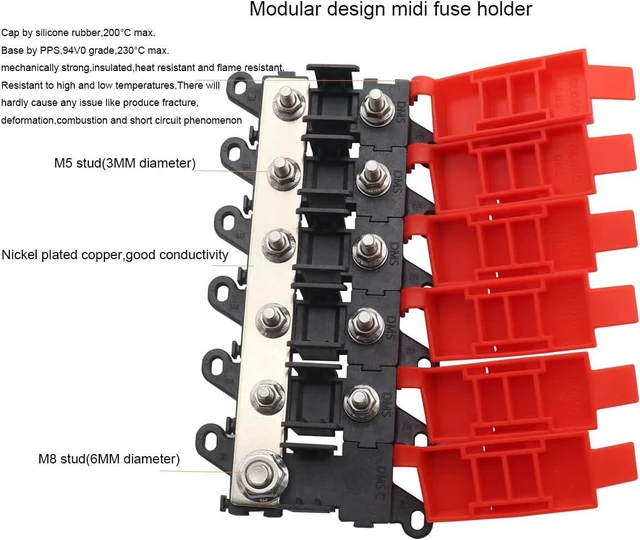Alt view image 3 of 7 - 5way Fuse Block Midi Holder Automotive Marine Boat Car Audio Brass Fuse Holder Midi Fuses 100A 30A 60A