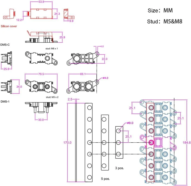 Alt view image 5 of 7 - 5way Fuse Block Midi Holder Automotive Marine Boat Car Audio Brass Fuse Holder Midi Fuses 100A 30A 60A