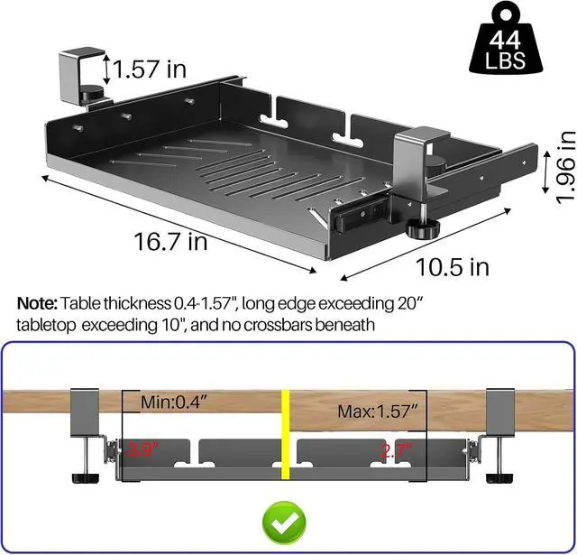 Alt view image 2 of 7 - Sliding No Drill Under Desk Laptop Mount, Metal Under Desk Storage Shelf with Cable Management, Slide Out Laptop Storage Tray for MacBook, Mac Mini, Fits Office Workstations(Black with slid rail)