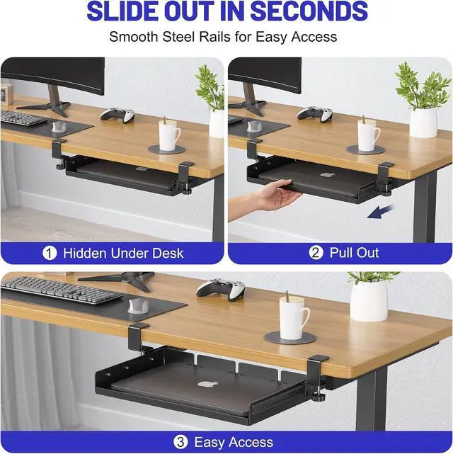 Alt view image 3 of 7 - Sliding No Drill Under Desk Laptop Mount, Metal Under Desk Storage Shelf with Cable Management, Slide Out Laptop Storage Tray for MacBook, Mac Mini, Fits Office Workstations(Black with slid rail)