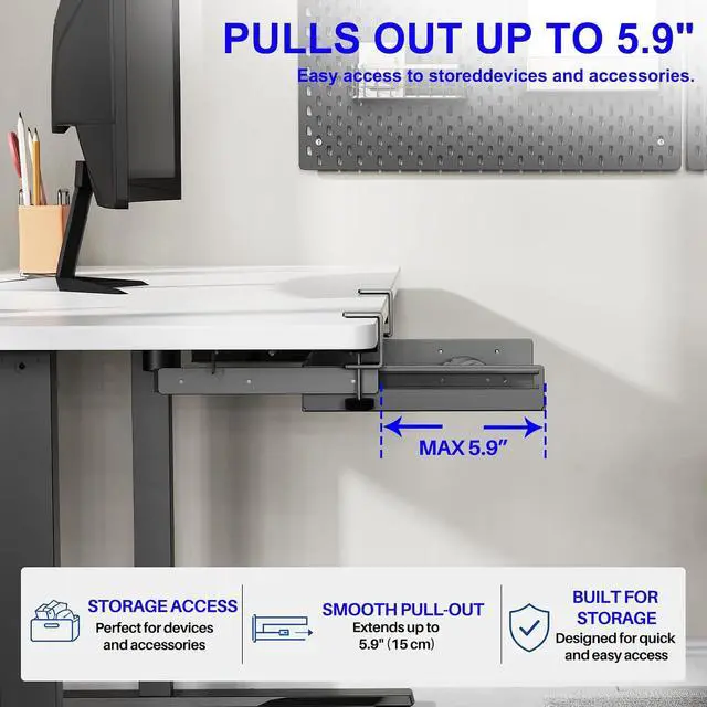 Alt view image 7 of 7 - Sliding No Drill Under Desk Laptop Mount, Metal Under Desk Storage Shelf with Cable Management, Slide Out Laptop Storage Tray for MacBook, Mac Mini, Fits Office Workstations(Black with slid rail)