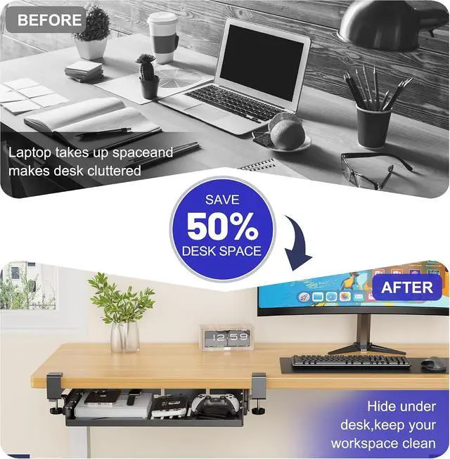 Alt view image 4 of 7 - Sliding No Drill Under Desk Laptop Mount, Metal Under Desk Storage Shelf with Cable Management, Slide Out Laptop Storage Tray for MacBook, Mac Mini, Fits Office Workstations(Black with slid rail)