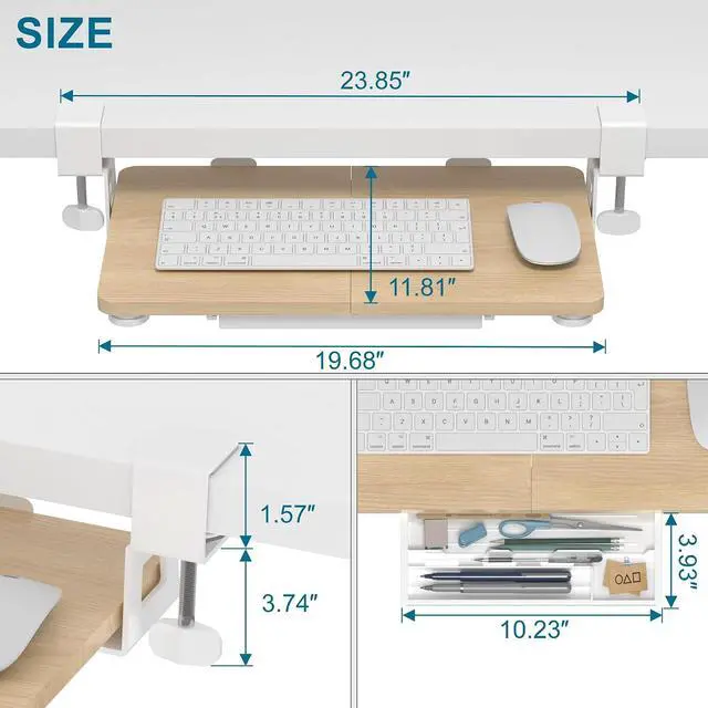 Alt view image 3 of 7 - Keyboard Tray Under Desk, 19.7" X 11.81" Small Size Keyboard Drawer with C Clamp-on Mount Easy to Install, Computer Keyboard Stand Slide Pull Out, Ergonomic Keyboard Tray for Home & Office, Oak