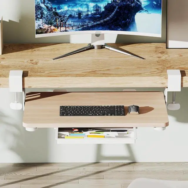 Alt view image 4 of 7 - Keyboard Tray Under Desk, 19.7" X 11.81" Small Size Keyboard Drawer with C Clamp-on Mount Easy to Install, Computer Keyboard Stand Slide Pull Out, Ergonomic Keyboard Tray for Home & Office, Oak
