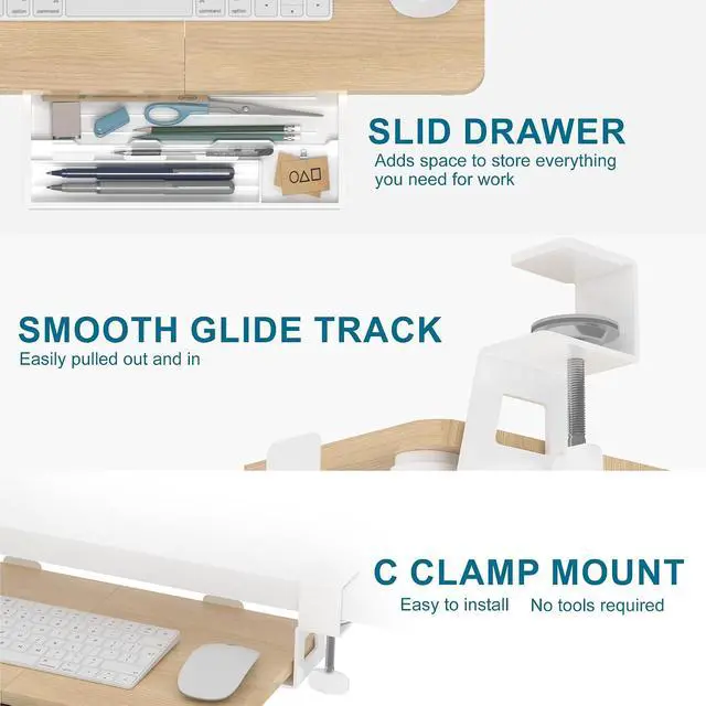 Alt view image 5 of 7 - Keyboard Tray Under Desk, 19.7" X 11.81" Small Size Keyboard Drawer with C Clamp-on Mount Easy to Install, Computer Keyboard Stand Slide Pull Out, Ergonomic Keyboard Tray for Home & Office, Oak
