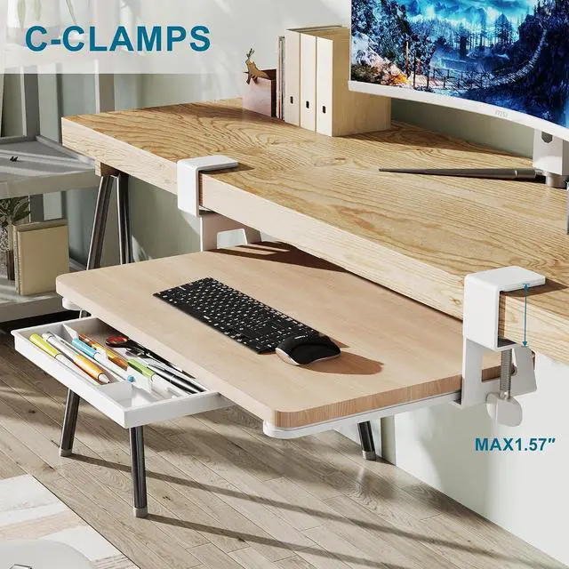 Alt view image 6 of 7 - Keyboard Tray Under Desk, 19.7" X 11.81" Small Size Keyboard Drawer with C Clamp-on Mount Easy to Install, Computer Keyboard Stand Slide Pull Out, Ergonomic Keyboard Tray for Home & Office, Oak
