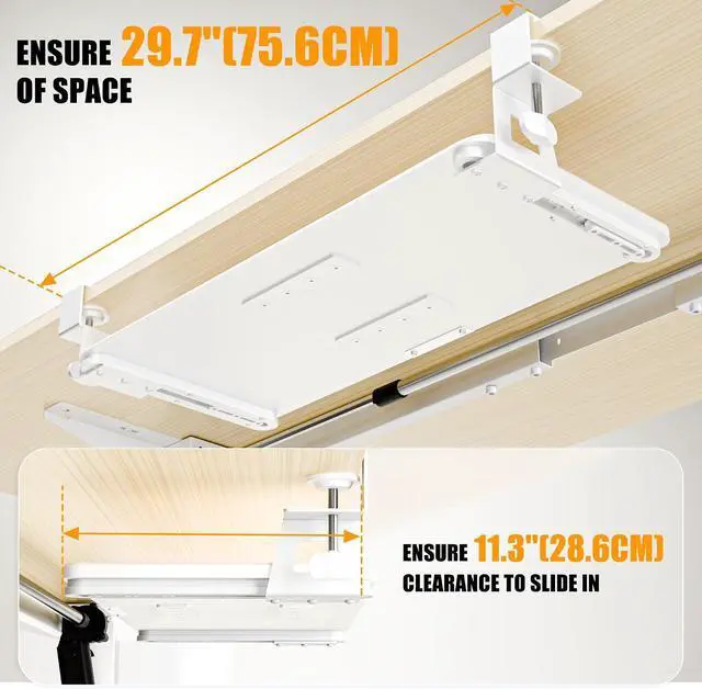 Alt view image 2 of 7 - Keyboard Tray Under Desk, Pull Out Keyboard Tray with C Clamp Mount, 25.6" (29.7" Including Clamps) x 11.8" Slide-Out Platform Computer Drawer for Typing, Keyboard & Mouse Tray, White