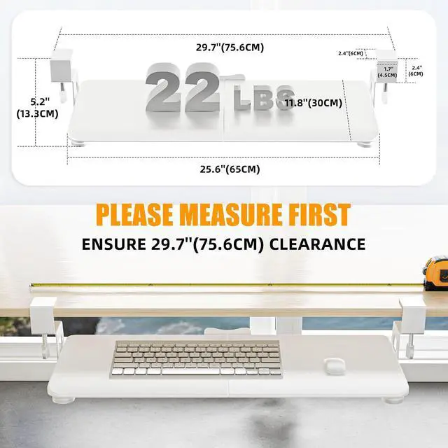 Alt view image 3 of 7 - Keyboard Tray Under Desk, Pull Out Keyboard Tray with C Clamp Mount, 25.6" (29.7" Including Clamps) x 11.8" Slide-Out Platform Computer Drawer for Typing, Keyboard & Mouse Tray, White