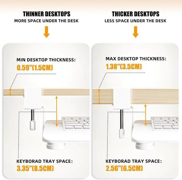 Alt view image 4 of 7 - Keyboard Tray Under Desk, Pull Out Keyboard Tray with C Clamp Mount, 25.6" (29.7" Including Clamps) x 11.8" Slide-Out Platform Computer Drawer for Typing, Keyboard & Mouse Tray, White