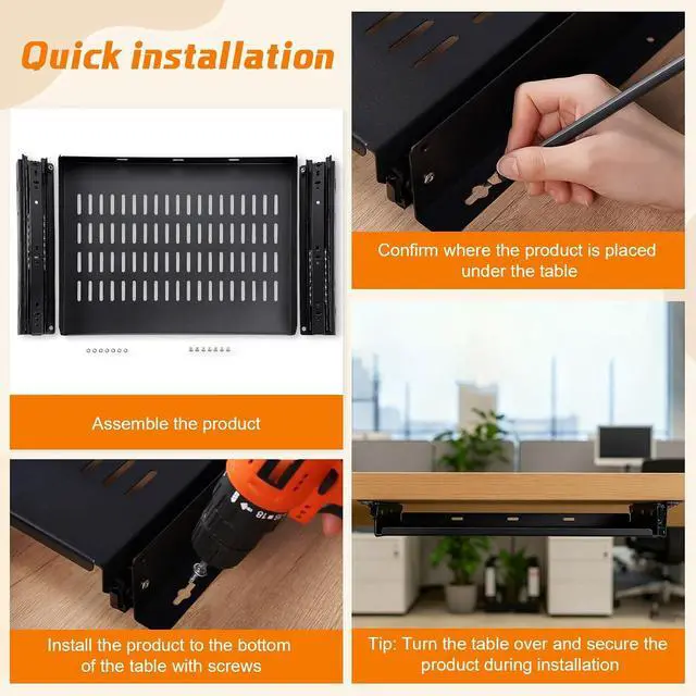 Alt view image 6 of 7 - Sliding Under Desk Laptop Mount Shelf with Air Vents 16.3" W x 12" D Metal Under Desk Slide Out Tray Laptop Storage Tray for Home Office Standing Desks Workstations Cabinet Gaming