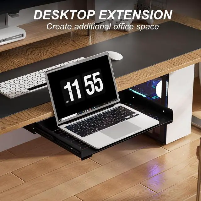 Alt view image 3 of 7 - Under Desk Laptop Drawer, 22.8'' Wide Pull-Out Tray Metal Perforated Bottom for Heat Dissipation, Sliding Track, Under-Desktop Storage for Laptop & Accessories
