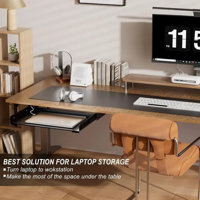 Alt view image 4 of 7 - Under Desk Laptop Drawer, 22.8'' Wide Pull-Out Tray Metal Perforated Bottom for Heat Dissipation, Sliding Track, Under-Desktop Storage for Laptop & Accessories