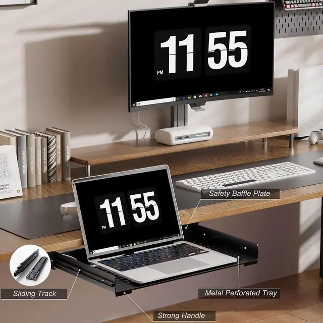 Alt view image 6 of 7 - Under Desk Laptop Drawer, 22.8'' Wide Pull-Out Tray Metal Perforated Bottom for Heat Dissipation, Sliding Track, Under-Desktop Storage for Laptop & Accessories