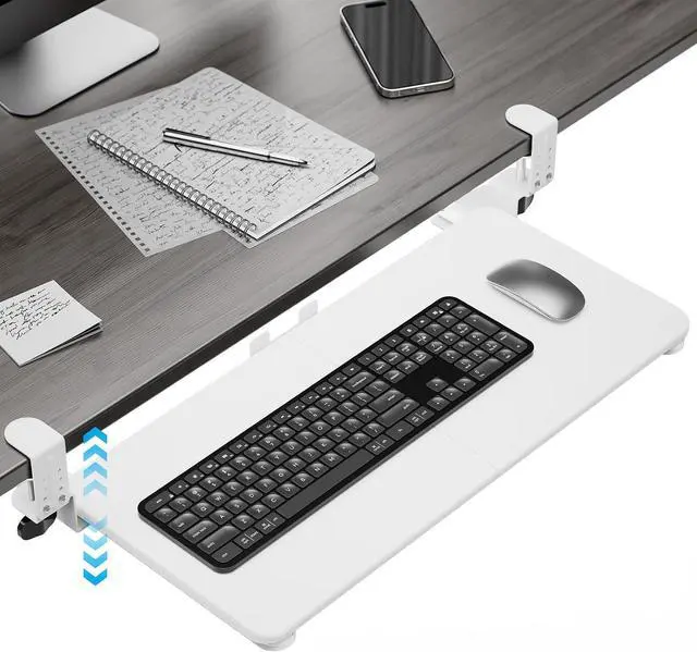 Main image of Keyboard Tray Under Desk, Pull Out Keyboard & Mouse Tray with Adjustable C-clamp, 25.6(31.5 Including Clamps) x 11.8 Inch Slide Out Computer Keyboard Drawer Mouse Tray for Typing,White