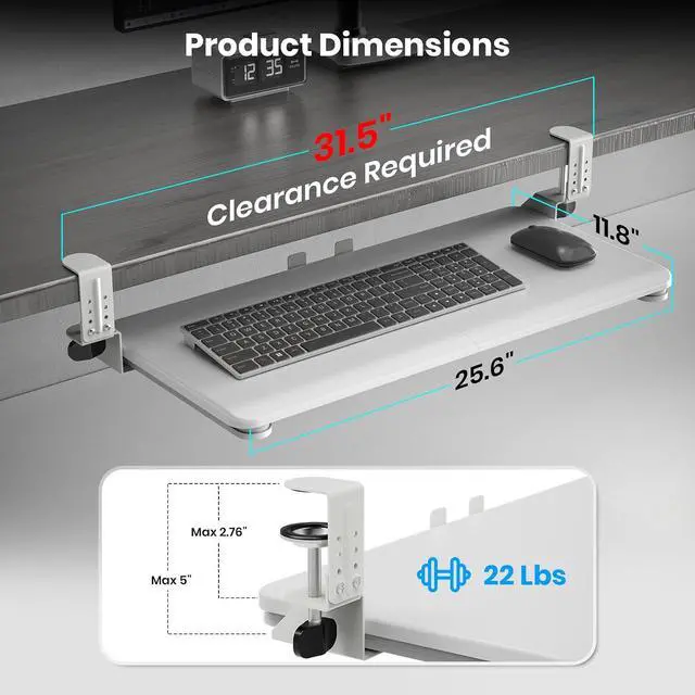Alt view image 2 of 7 - Keyboard Tray Under Desk, Pull Out Keyboard & Mouse Tray with Adjustable C-clamp, 25.6(31.5 Including Clamps) x 11.8 Inch Slide Out Computer Keyboard Drawer Mouse Tray for Typing,White