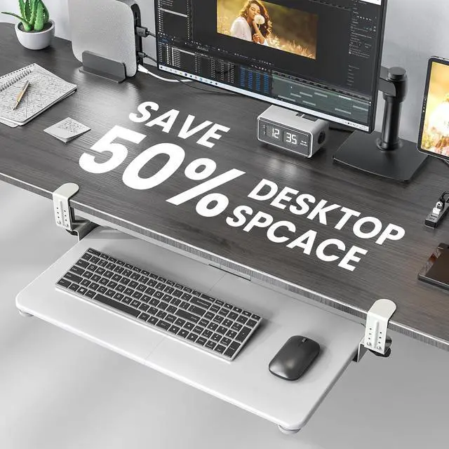 Alt view image 3 of 7 - Keyboard Tray Under Desk, Pull Out Keyboard & Mouse Tray with Adjustable C-clamp, 25.6(31.5 Including Clamps) x 11.8 Inch Slide Out Computer Keyboard Drawer Mouse Tray for Typing,White