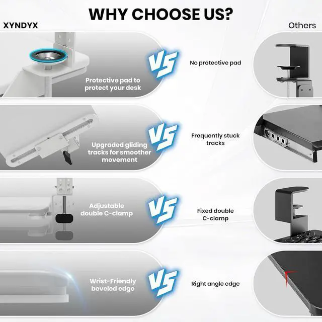 Alt view image 4 of 7 - Keyboard Tray Under Desk, Pull Out Keyboard & Mouse Tray with Adjustable C-clamp, 25.6(31.5 Including Clamps) x 11.8 Inch Slide Out Computer Keyboard Drawer Mouse Tray for Typing,White