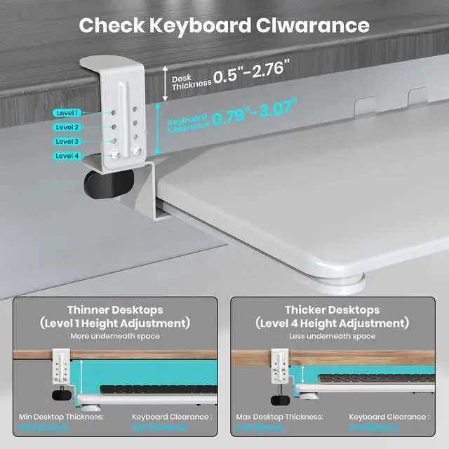 Alt view image 5 of 7 - Keyboard Tray Under Desk, Pull Out Keyboard & Mouse Tray with Adjustable C-clamp, 25.6(31.5 Including Clamps) x 11.8 Inch Slide Out Computer Keyboard Drawer Mouse Tray for Typing,White