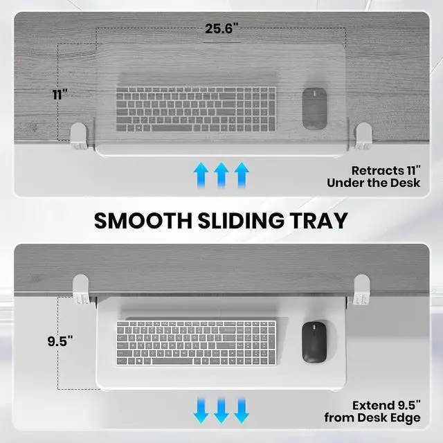 Alt view image 7 of 7 - Keyboard Tray Under Desk, Pull Out Keyboard & Mouse Tray with Adjustable C-clamp, 25.6(31.5 Including Clamps) x 11.8 Inch Slide Out Computer Keyboard Drawer Mouse Tray for Typing,White