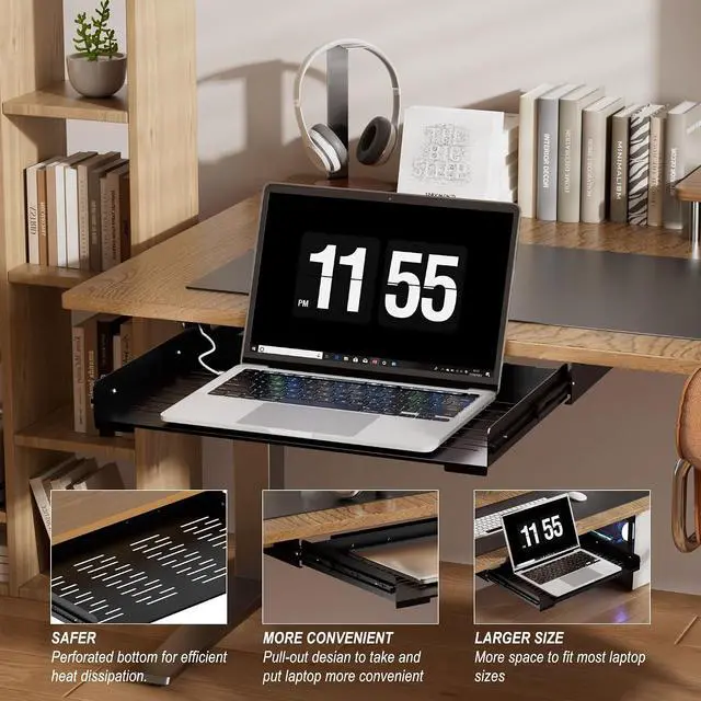 Alt view image 7 of 7 - Under Desk Laptop Drawer, 22.8'' Wide Pull-Out Tray Metal Perforated Bottom for Heat Dissipation, Sliding Track, Under-Desktop Storage for Laptop & Accessories
