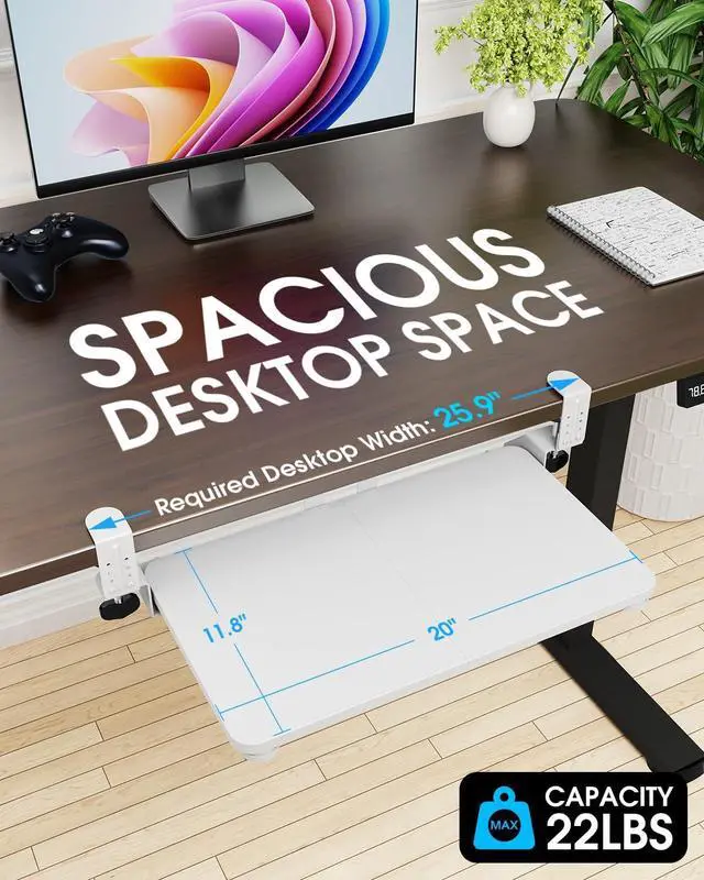 Alt view image 2 of 7 - Small Keyboard Tray Under Desk, Pull Out Keyboard & Mouse Tray with Adjustable C-clamp, 20(25.9 Including Clamps) x 11.8 Inch Slide Out Computer Keyboard Drawer Mouse Tray for Typing, White