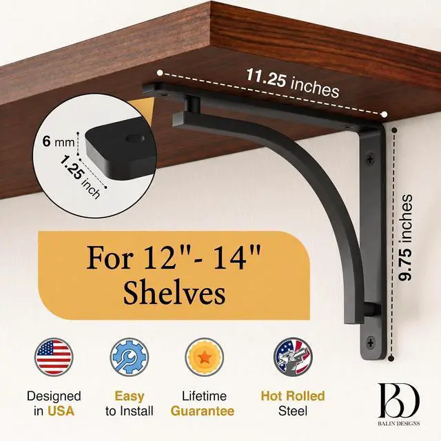 Alt view image 2 of 7 - Classic Black Heavy Duty Shelf Brackets 12 inch by L Bracket, Wall Mounted Support, Shelving Metal Bracket, Decorative Shelf Brackets, with Hardware Included, Set of 2