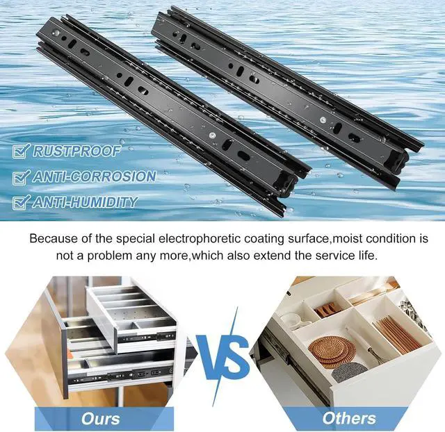 Alt view image 7 of 7 - 20 Inch Drawer Slides, 6 Pairs (12 Pcs) Full Extension Ball Bearing Rails, Side Mount Heavy Duty 100 LB Capacity Metal Runners for Kitchen Cabinet, Wardrobe Dresser, Zinc Plated Steel Black