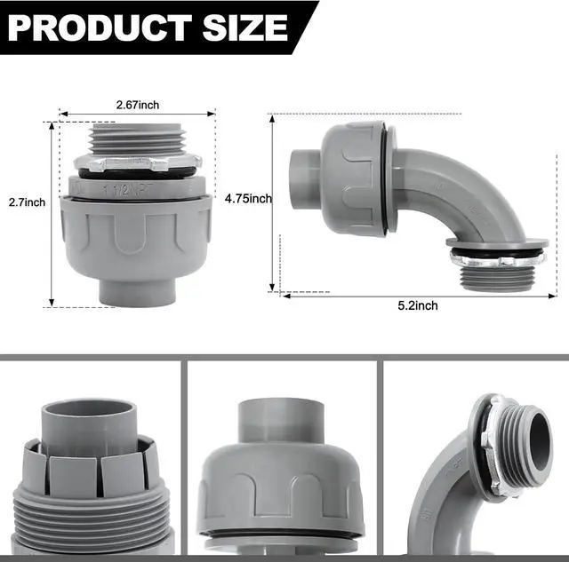 Alt view image 2 of 7 - 1-1/2 inch Liquid Tight Connector PVC Flexible Conduit Connector, 180 Degree and 90 Degree UL Listed, Non-Metallic Electrical Conduit Fittings 6 Pack(4 pcs 180D/2 pcs 90D)