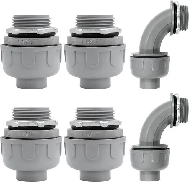 Main image of 1-1/2 inch Liquid Tight Connector PVC Flexible Conduit Connector, 180 Degree and 90 Degree UL Listed, Non-Metallic Electrical Conduit Fittings 6 Pack(4 pcs 180D/2 pcs 90D)
